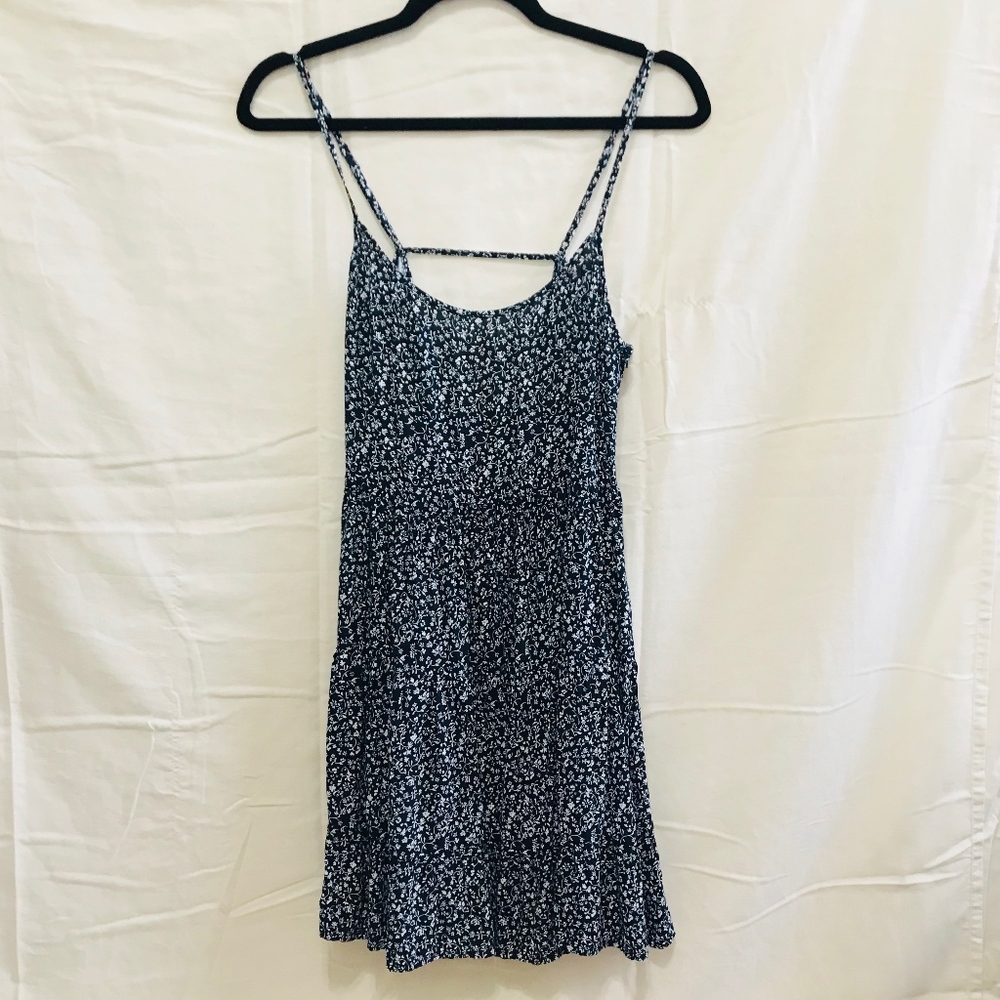 navy blue and white floral print sundress